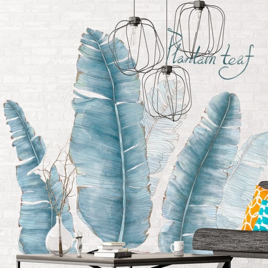 Bundle of Blue Leaf with Flower Wallpaper & Nordic Style Blue Dandelion Wall Stickers